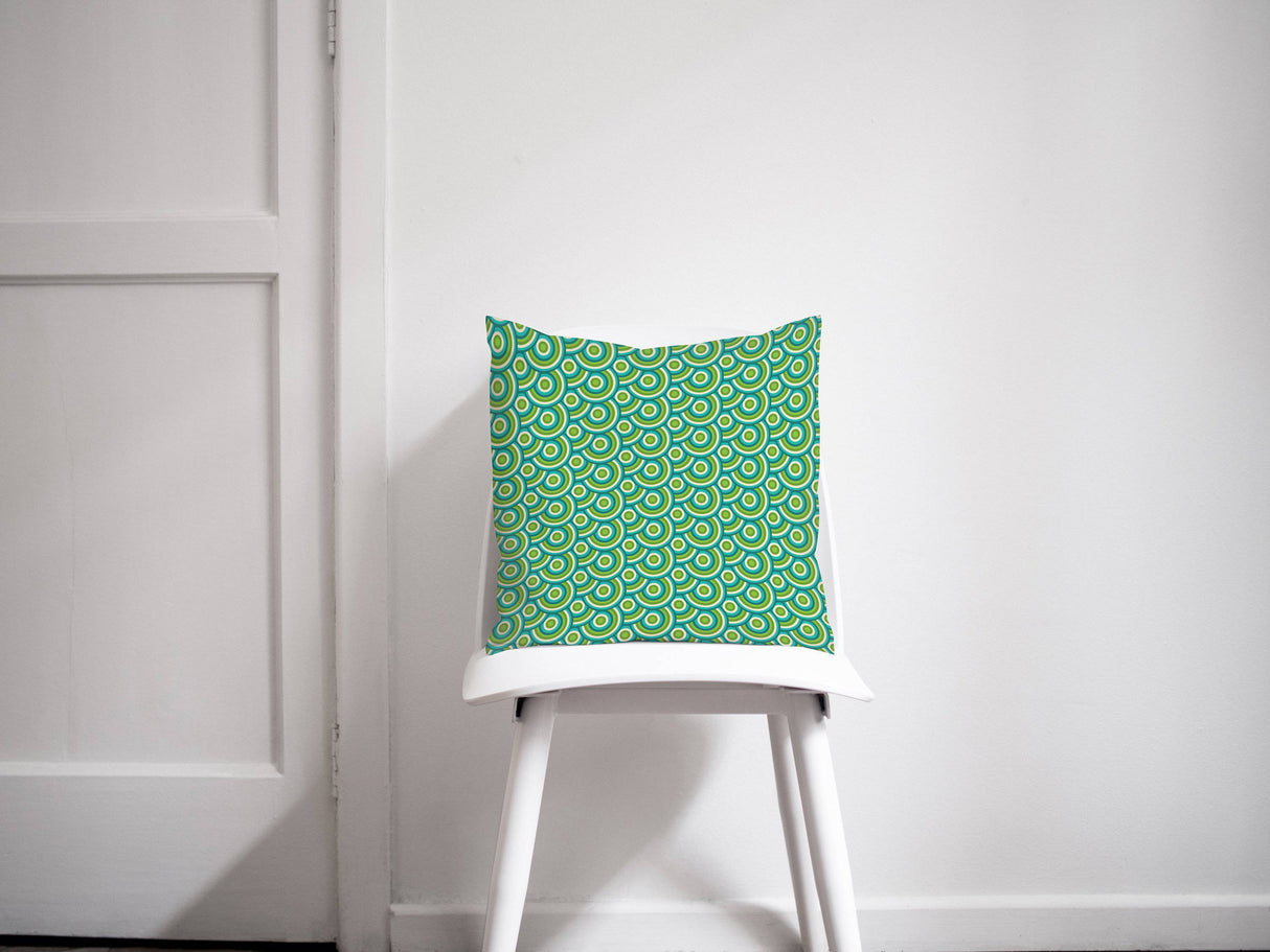 Shadowbright Green and Blue Circles 70's Retro Design, Throw Pillow