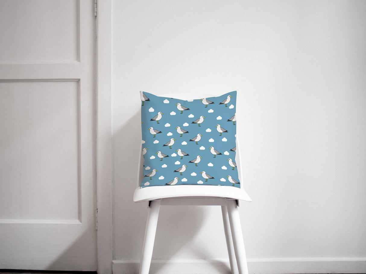 Shadowbright Blue Cushion with a Seagull Design, Throw Pillow