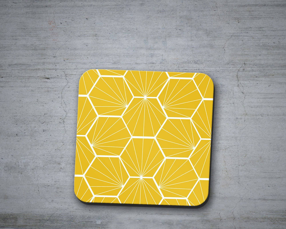Shadowbright Yellow Coasters with a White Hexagon Design, Table Mat
