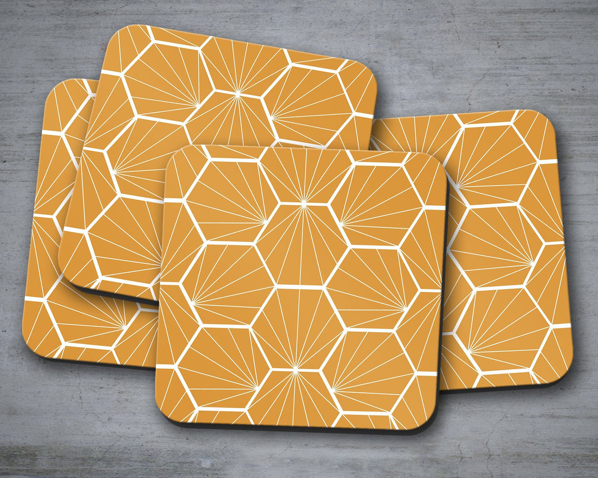 Shadowbright Butterscotch Coasters with a White Hexagon Design, Table Mat