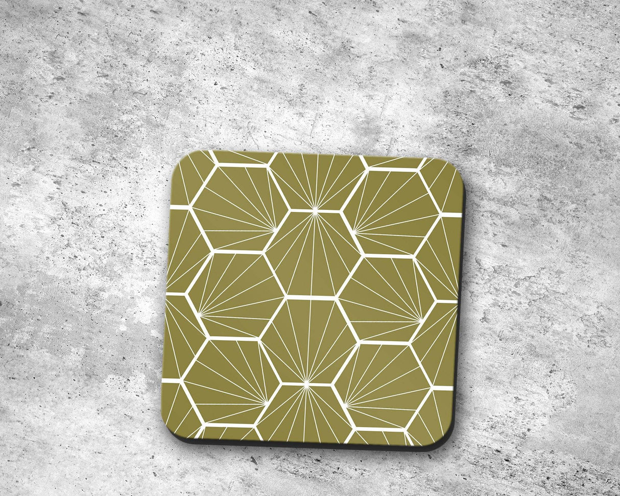 Shadowbright Olive Green Coasters with a White Hexagon Design, 9cm x 9cm