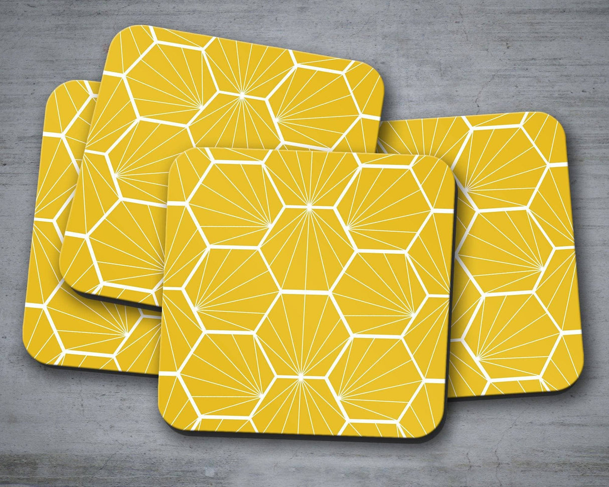 Shadowbright Yellow Coasters with a White Hexagon Design, Table Mat