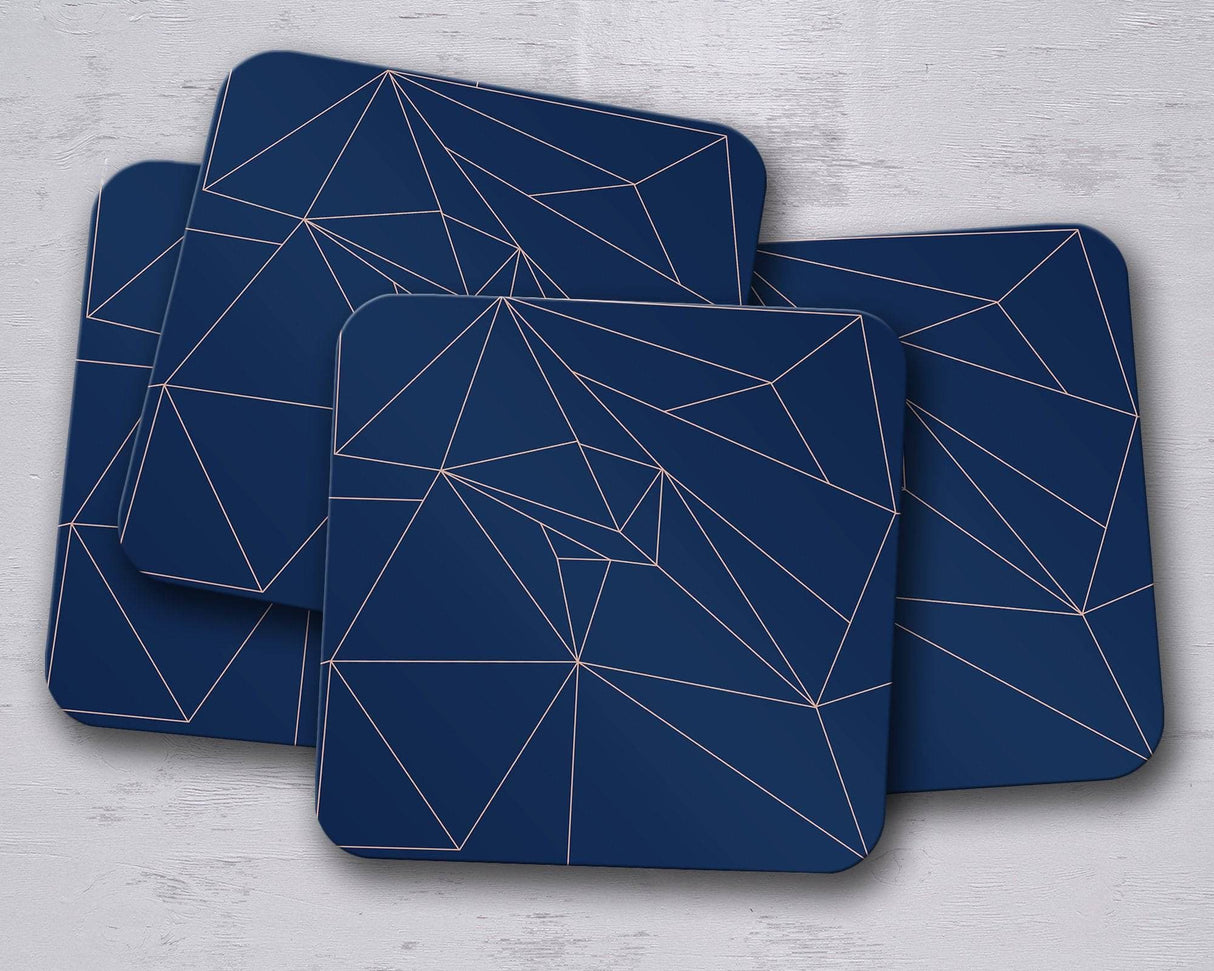 Shadowbright Navy Blue with Rose Gold Lines Geometric Design Coaster, Table Mat