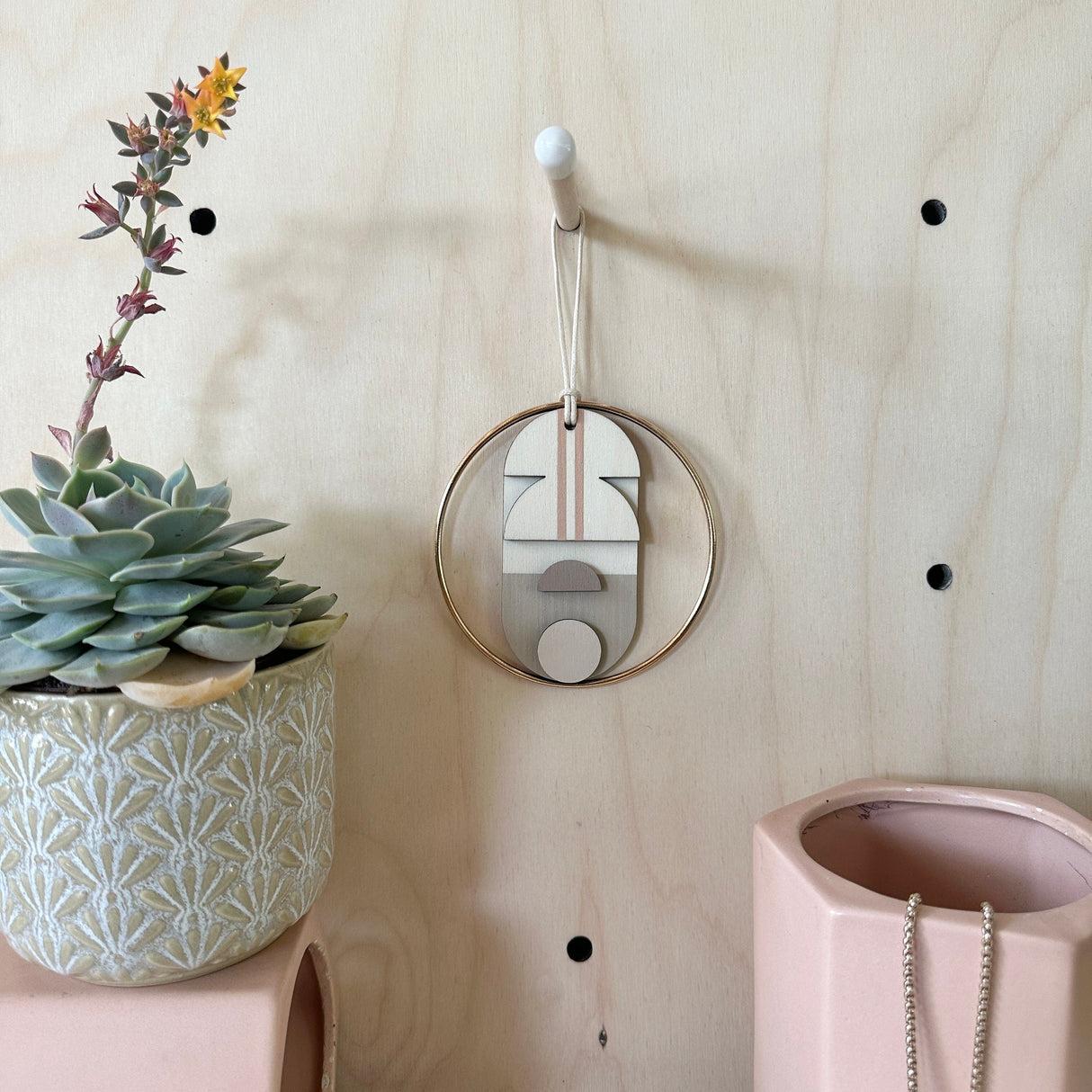 Mini Geometric Mid‑Century Wall Art | Pink & Natural Wooden Décor