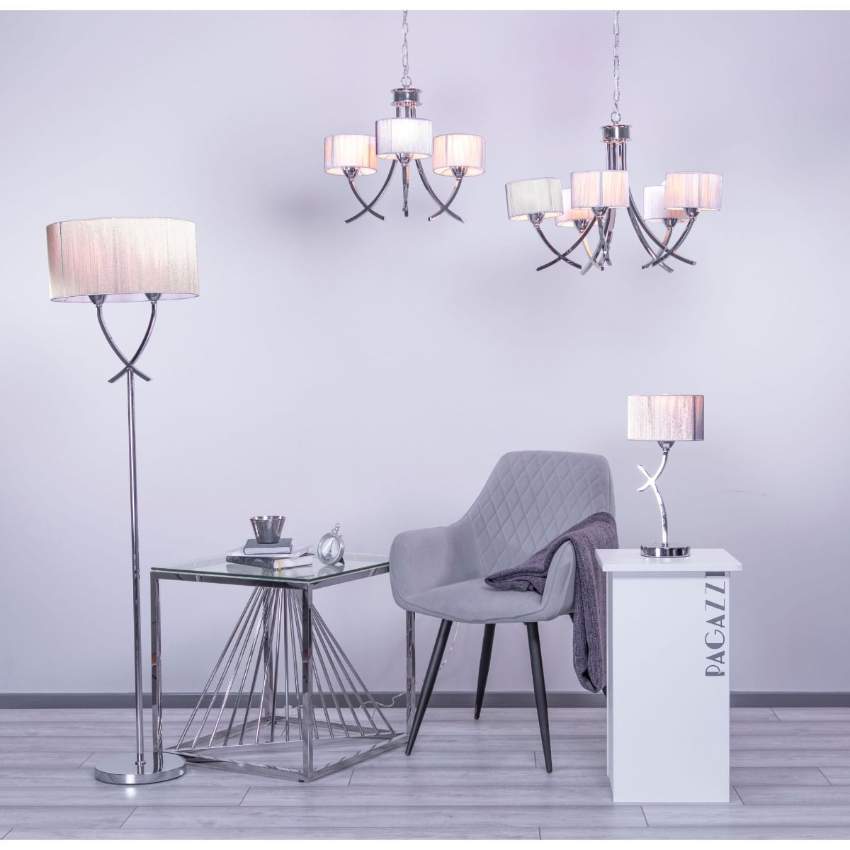 Pagazzi Justina Chrome Wall Light with Silver String Shade