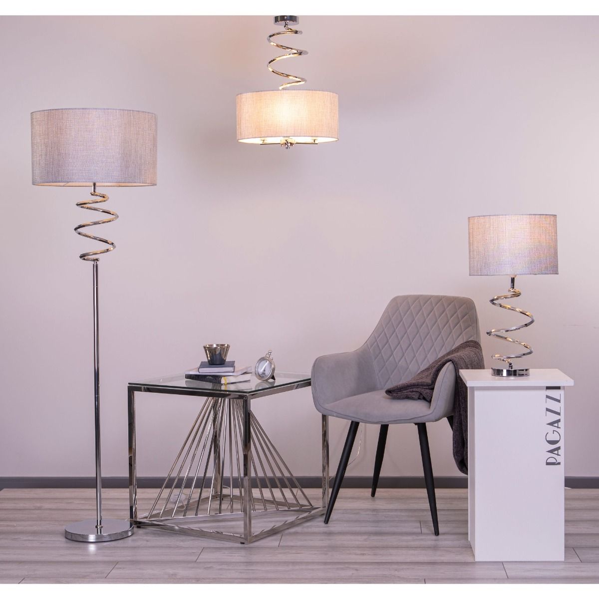 Pagazzi Kasi Polished Chrome Table Lamp with Silver Grey Shade - 54cm