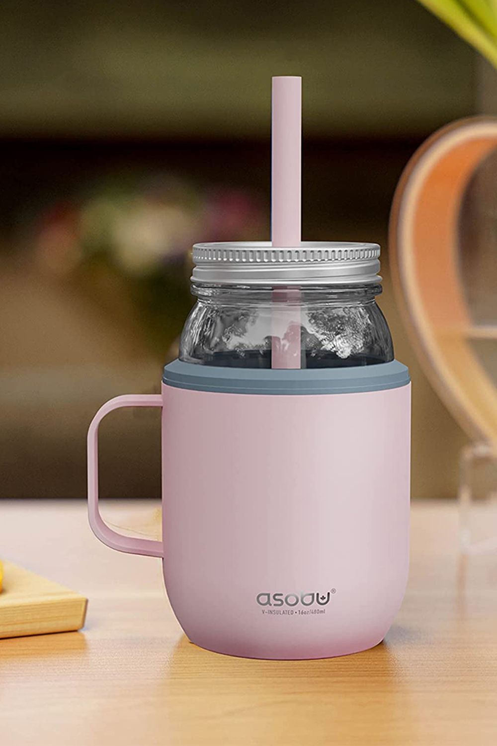 Asobu Moonshine Mason Jar 475ml with Stainless Steel Insulated Sleeve, Pink