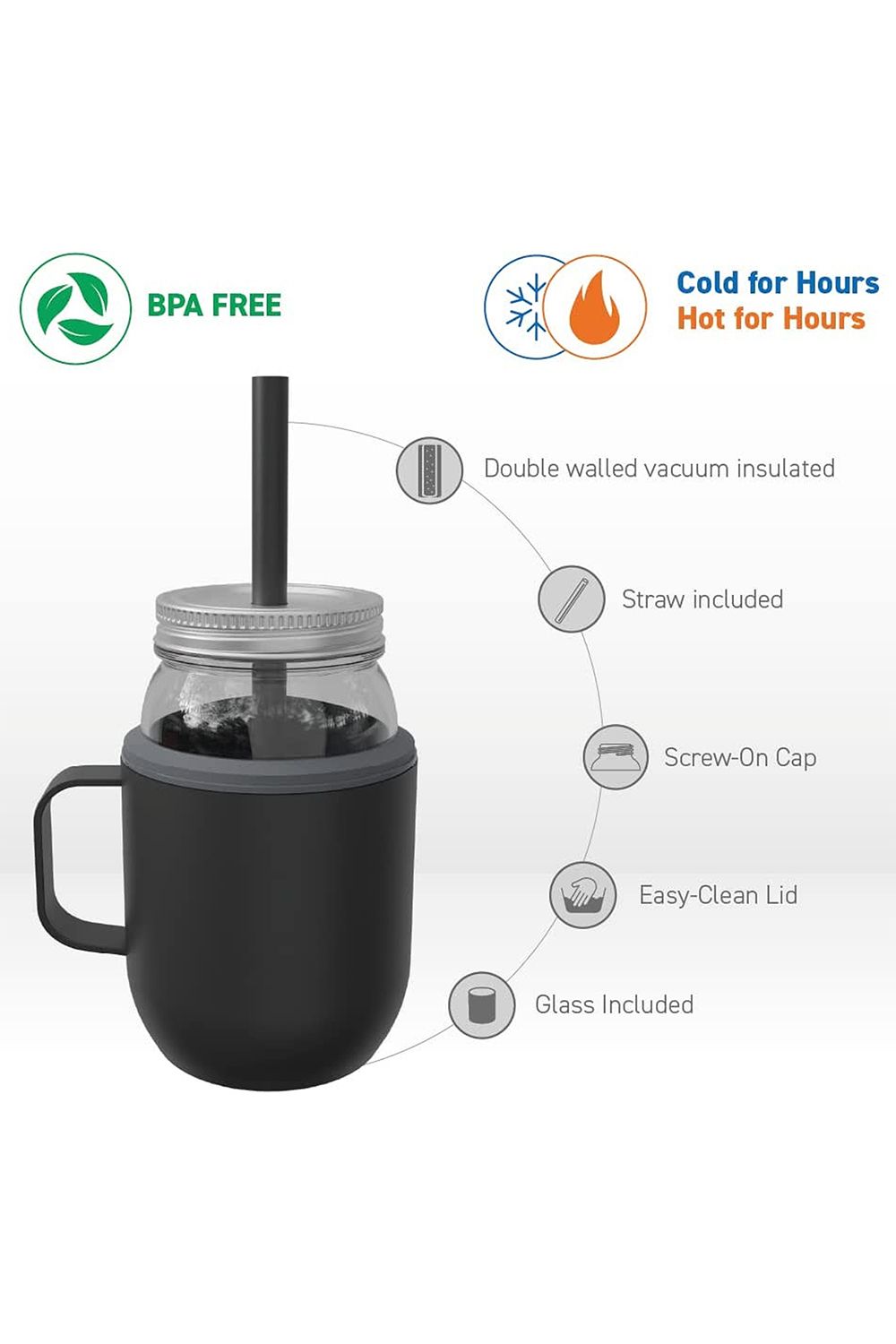 Asobu Moonshine Mason Jar 475ml with Stainless Steel Insulated Sleeve, Pink