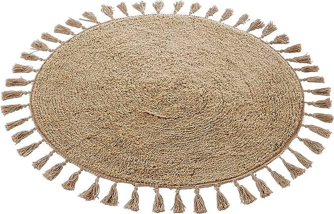 OLIVIA ROCCO Super Soft Absorbent Non-Slip Round Tasselled Bath Mat - 100% Cotton