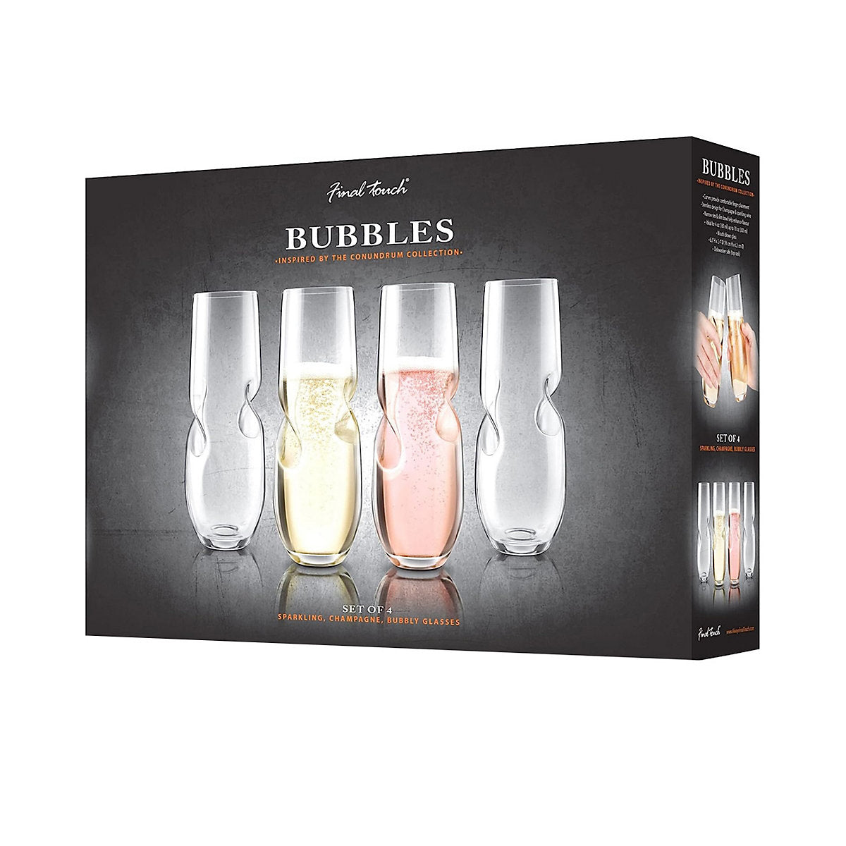 Final Touch Bubbles Stemless Champagne Sparkling Wine Glasses, Set of 4, 300ml