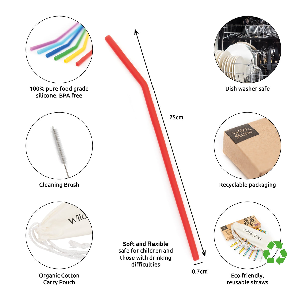 Wild & Stone Reusable Silicone Drinking Straws - 6 Pack