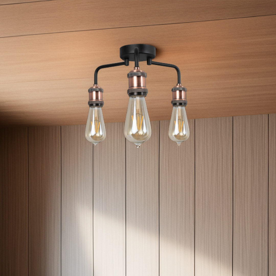 Pagazzi Clark Matt Black & Copper 3-Light Semi-Flush Ceiling Light