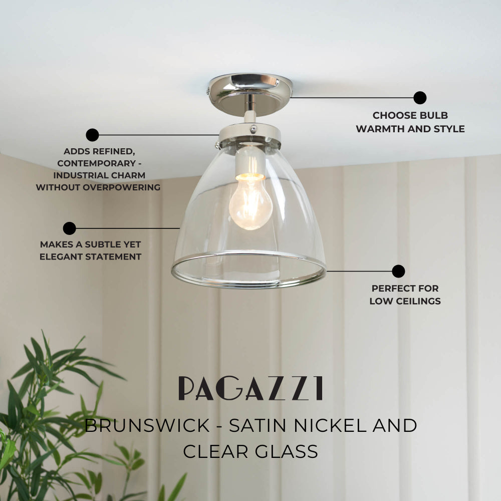 Pagazzi Brunswick Satin Nickel & Clear Glass Semi-Flush Ceiling Light