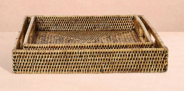 Casa by Josephine Jenno Pair of Square Rattan Trays in Classic Brown