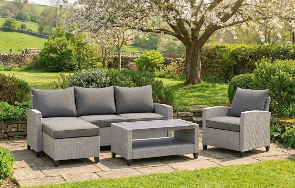 MINT Outdoor Stockholm Grey 4 Seater Rattan Chaise Lounge Set & Armchair