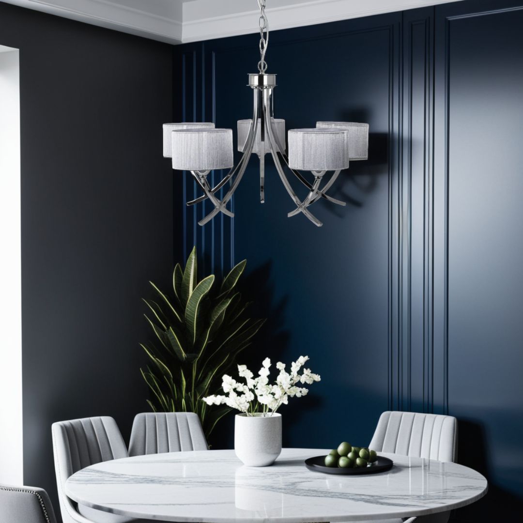 Pagazzi Justina 5 Light Chrome Chandelier with Silver String Shades