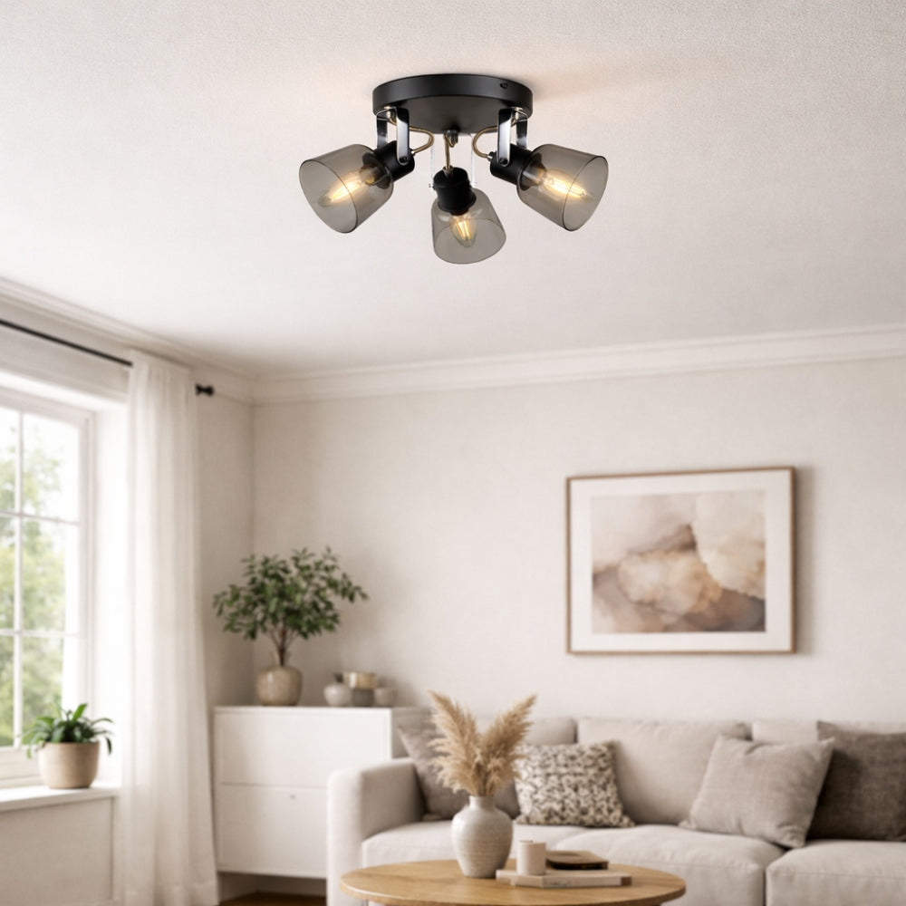 Pagazzi Zach 3 Light Black Ceiling Spotlight Plate Glass Shades