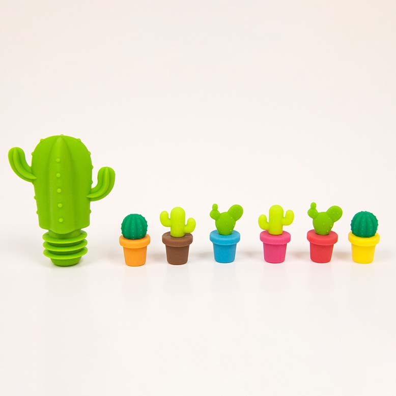 Image - Cactus Wine Stopper and Markers Set, Multicolour