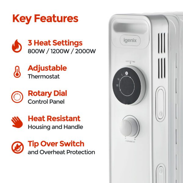 Image - Igenix Digital Oil Filled Radiator, 2kW/2000W, Overheat Protection, White