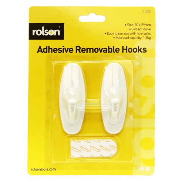 Image - Rolson Adhesive Removable Hooks, Pack of 2, 80 x 29mm