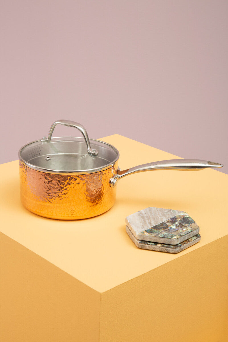 Orsina Minerva Hammered Copper Finish Saucepan with Lid - 16cm