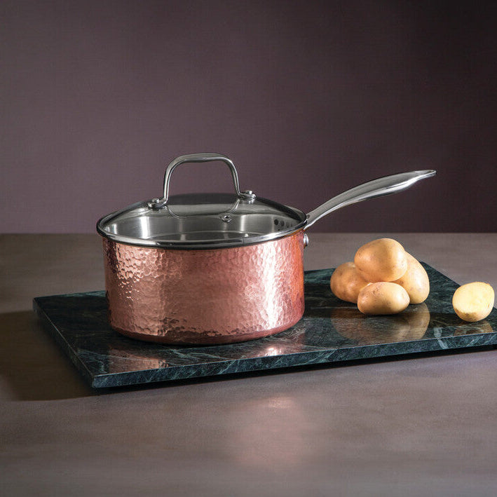 Orsina Minerva Hammered Copper Finish Saucepan with Lid - 18cm