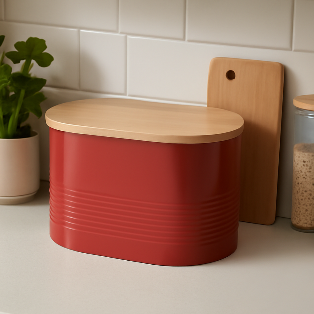 Orsina Alton Red Metal Bread Bin with Bamboo Lid