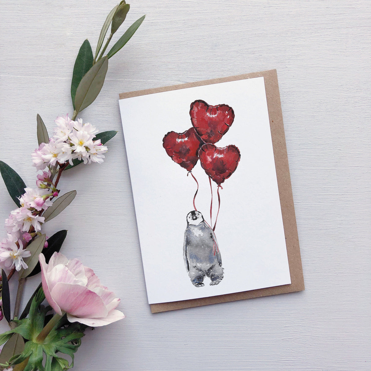 Valentines Penguin & Chick Watercolour Card | Katie Hipwell Design