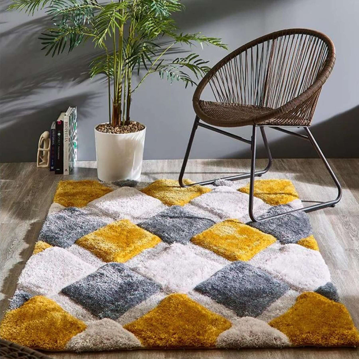 3D Ochre Geometric Shaggy Rug | The Rugs
