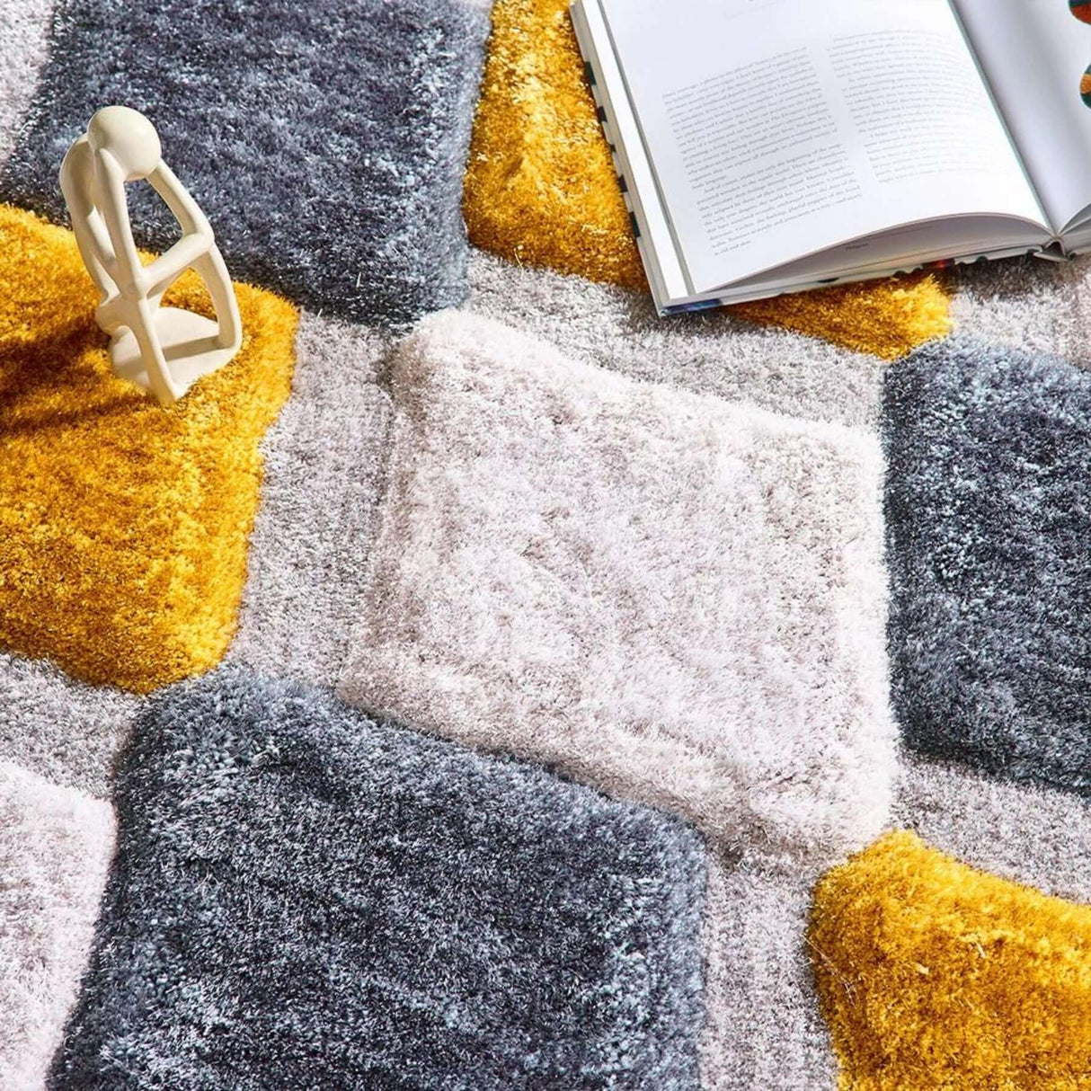 3D Ochre Geometric Shaggy Rug | The Rugs