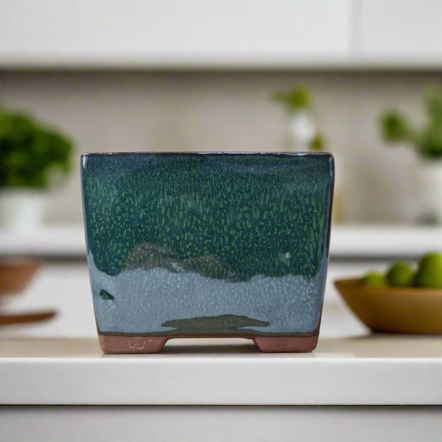 Yorkshire Bonsai Dark Green Glazed Cascade Square Bonsai Pot - 13cm