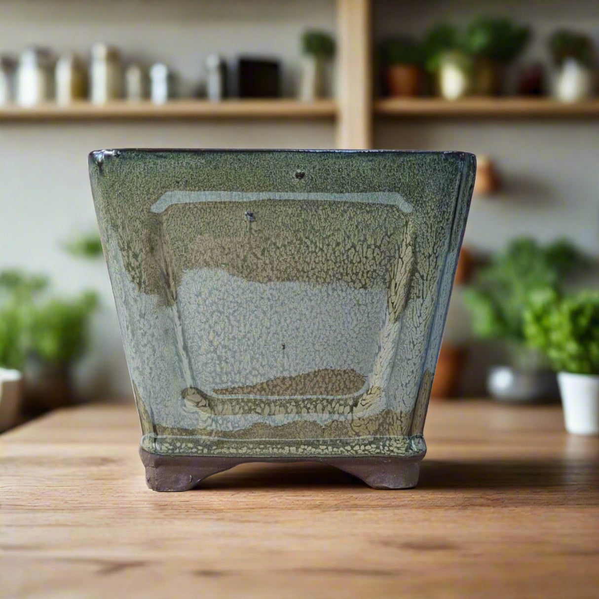 Yorkshire Bonsai Glazed Cascade Bonsai Pot Green Square - 14cm