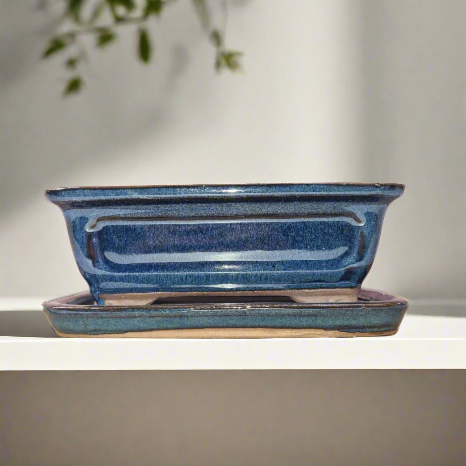 Yorkshire Bonsai Blue Glazed Rectangle Bonsai Pot - 16cm