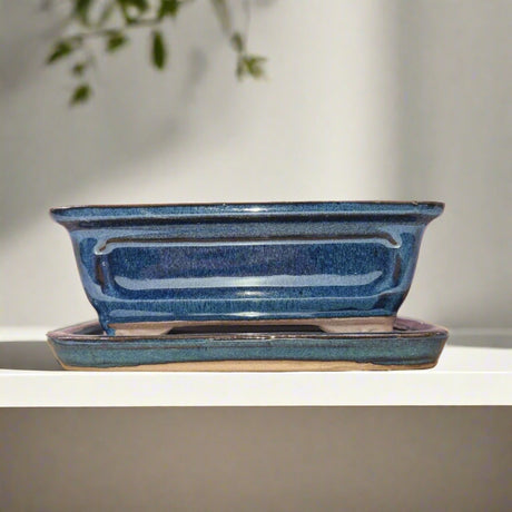 Yorkshire Bonsai Blue Glazed Rectangle Bonsai Pot - 16cm