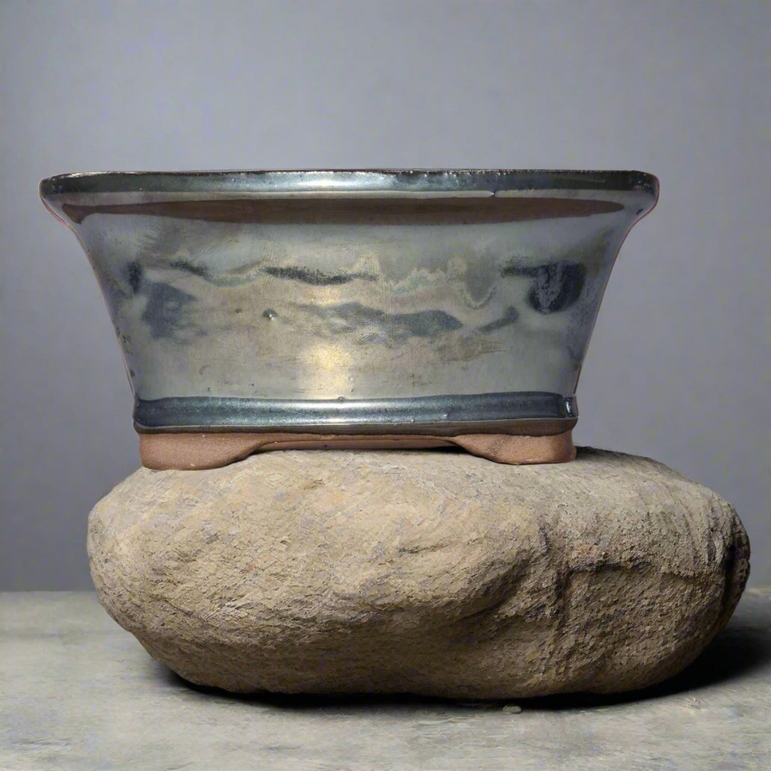 Yorkshire Bonsai Silver Glazed Rectangular Bonsai Pot Ceramic - 16cm