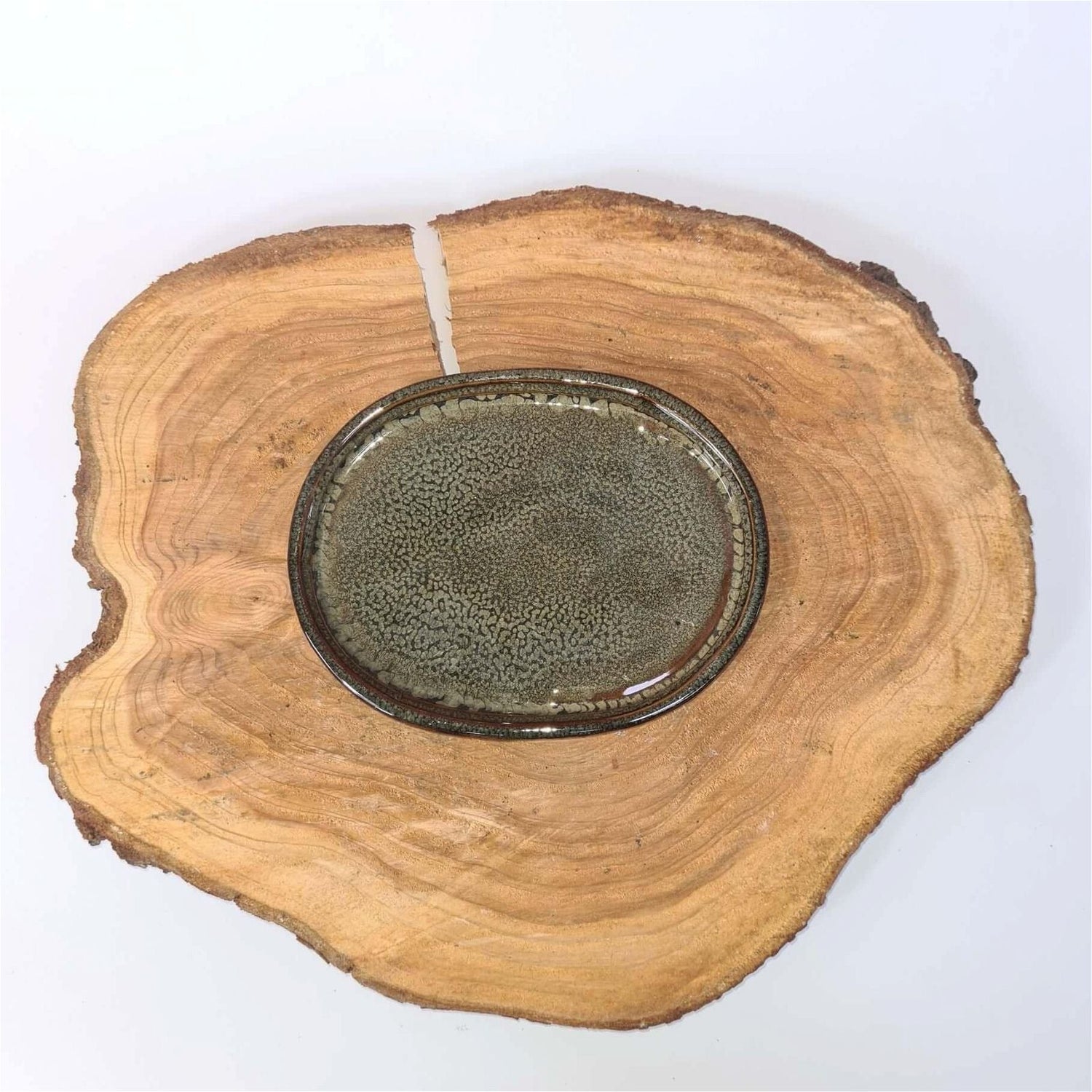 Yorkshire Bonsai Glazed Bonsai Drip Tray Oval Green - 16cm
