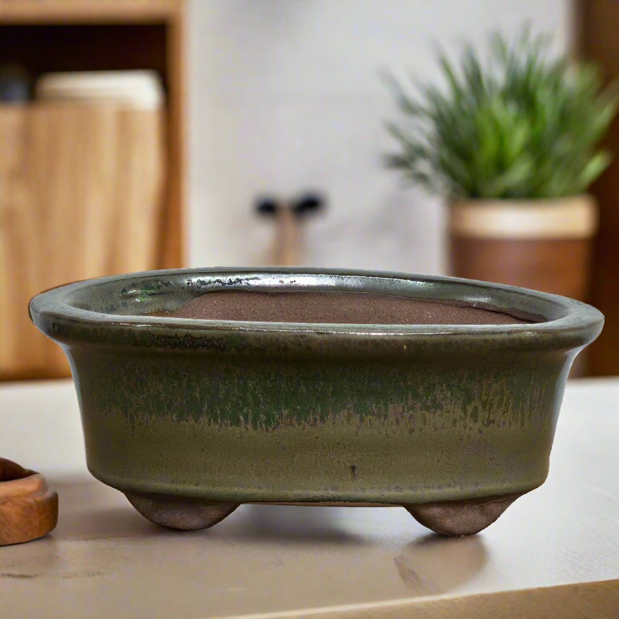 Yorkshire Bonsai Green Glazed Oval Bonsai Pot - 12cm