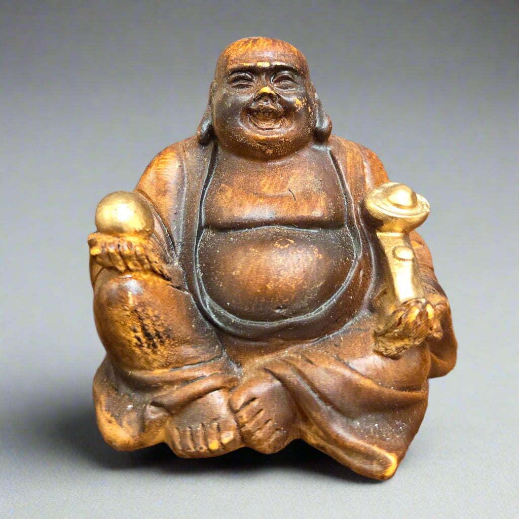 Yorkshire Bonsai Laughing Buddha | Brushed Wood Effect Resin Figurine