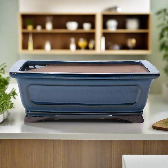 Yorkshire Bonsai Glazed Rectangular Bonsai Pot Blue Ceramic - 31cm