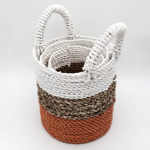 HatiNest Set of 3 Orange Seagrass Storage Baskets - 14, 16 & 17cm