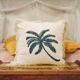 HatiNest Linen Cushion Cover 60x60cm Palm Tree with Fringe