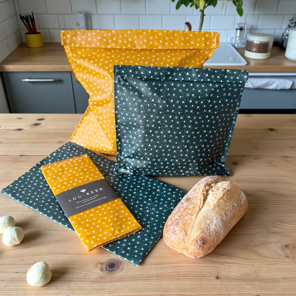 Lou-bees Toadstool Beeswax Food Storage Green Bags
