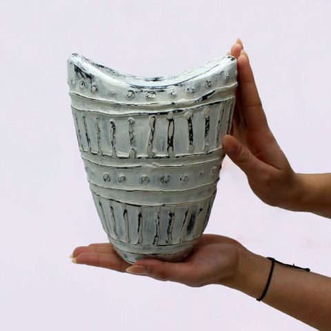 HatiNest Wide Neck Shaped Dry Flowers Vase Cream - 22cm