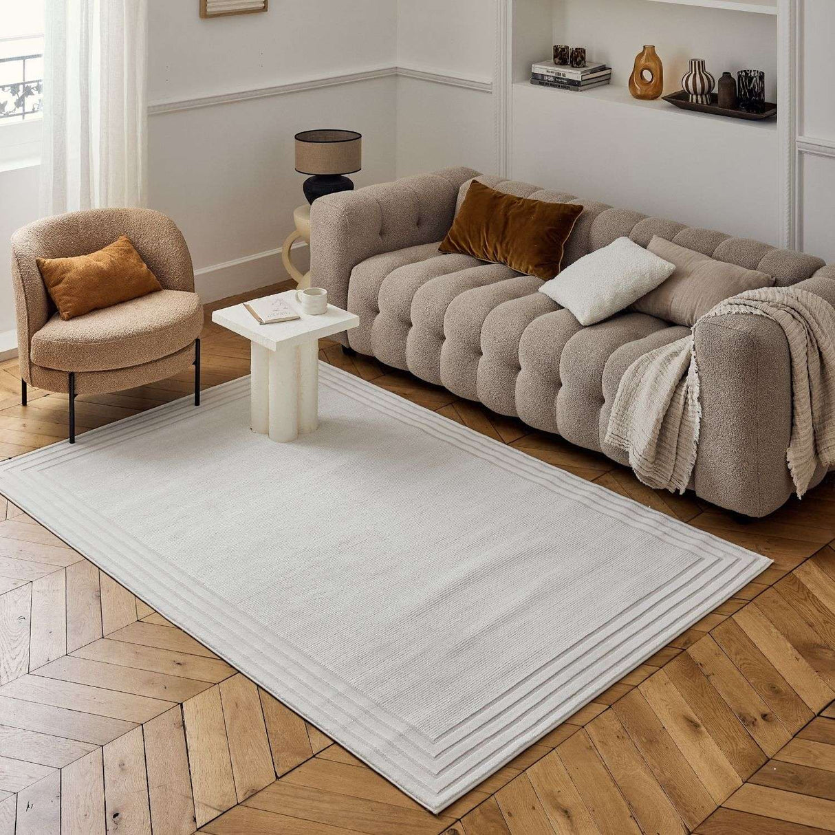 Carmel Cream Bordered Rug | 6060 - Plush 10mm pile