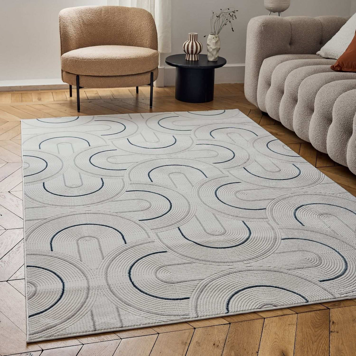 Carmel Cream‑Blue Geometric Indoor Floor Rug 6070 | The Rugs