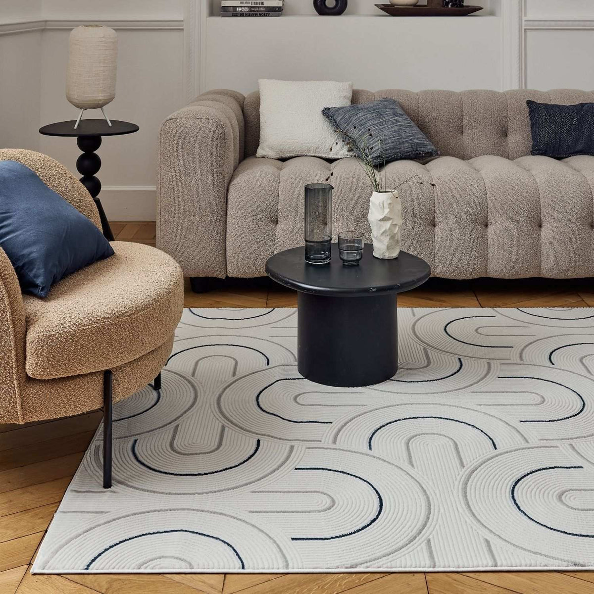 Carmel Cream‑Blue Geometric Indoor Floor Rug 6070 | The Rugs