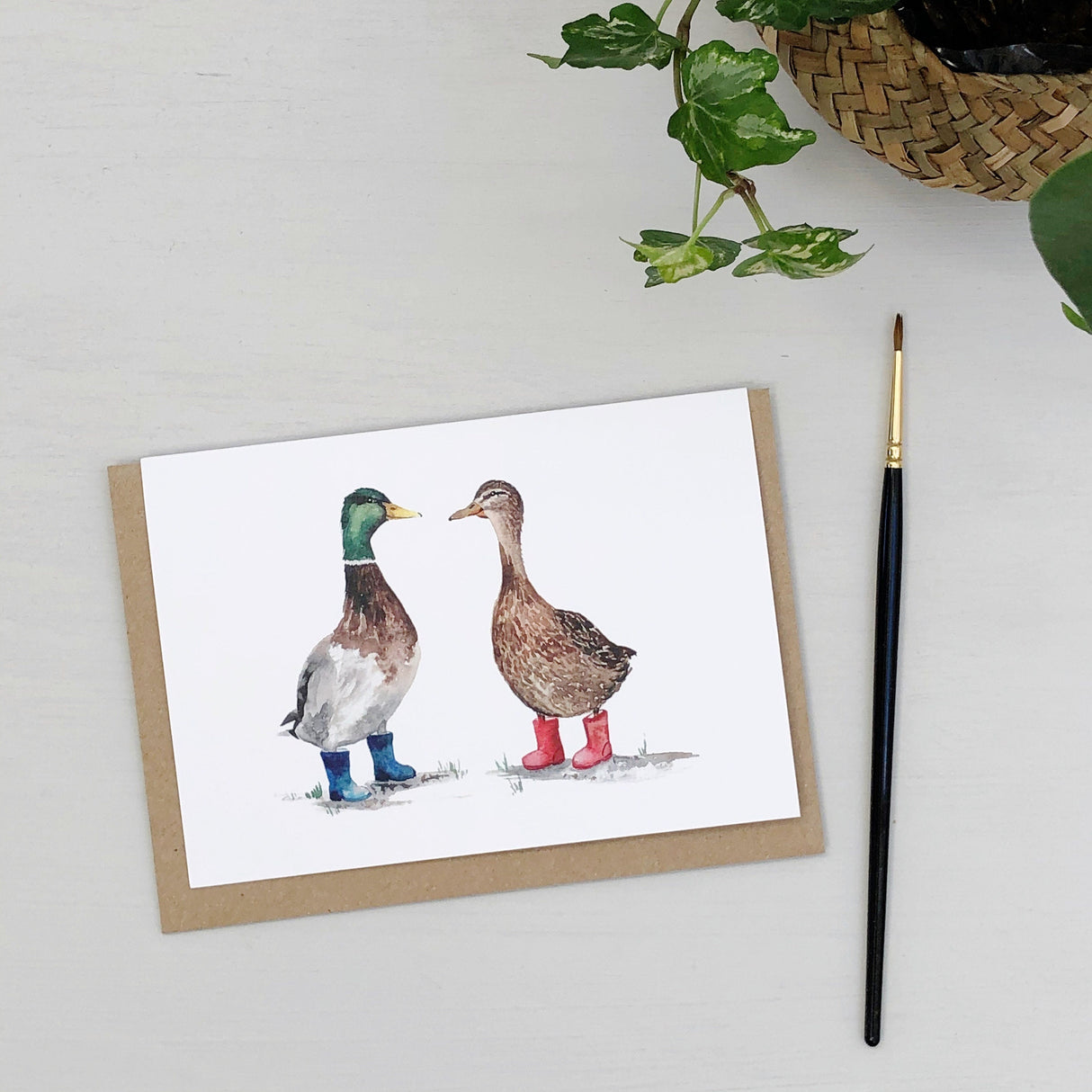 Ducks in Wellies Hand Painted Greetings Card | Katie Hipwell Design