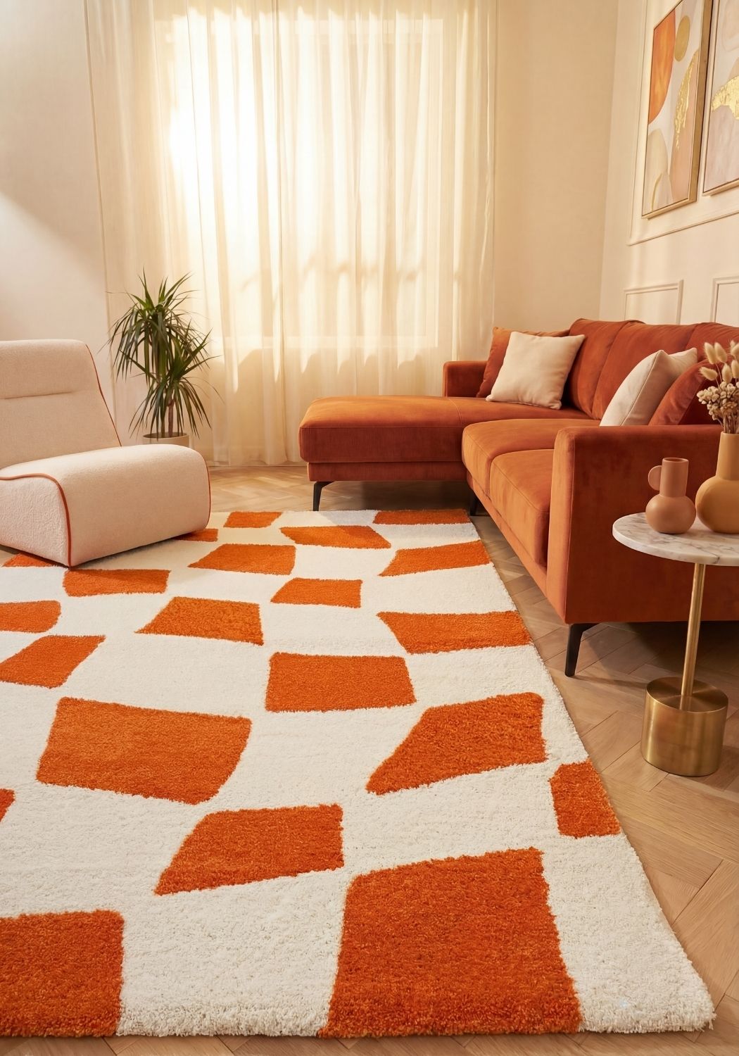 The Rugs Joli Checkered Orange White Rug