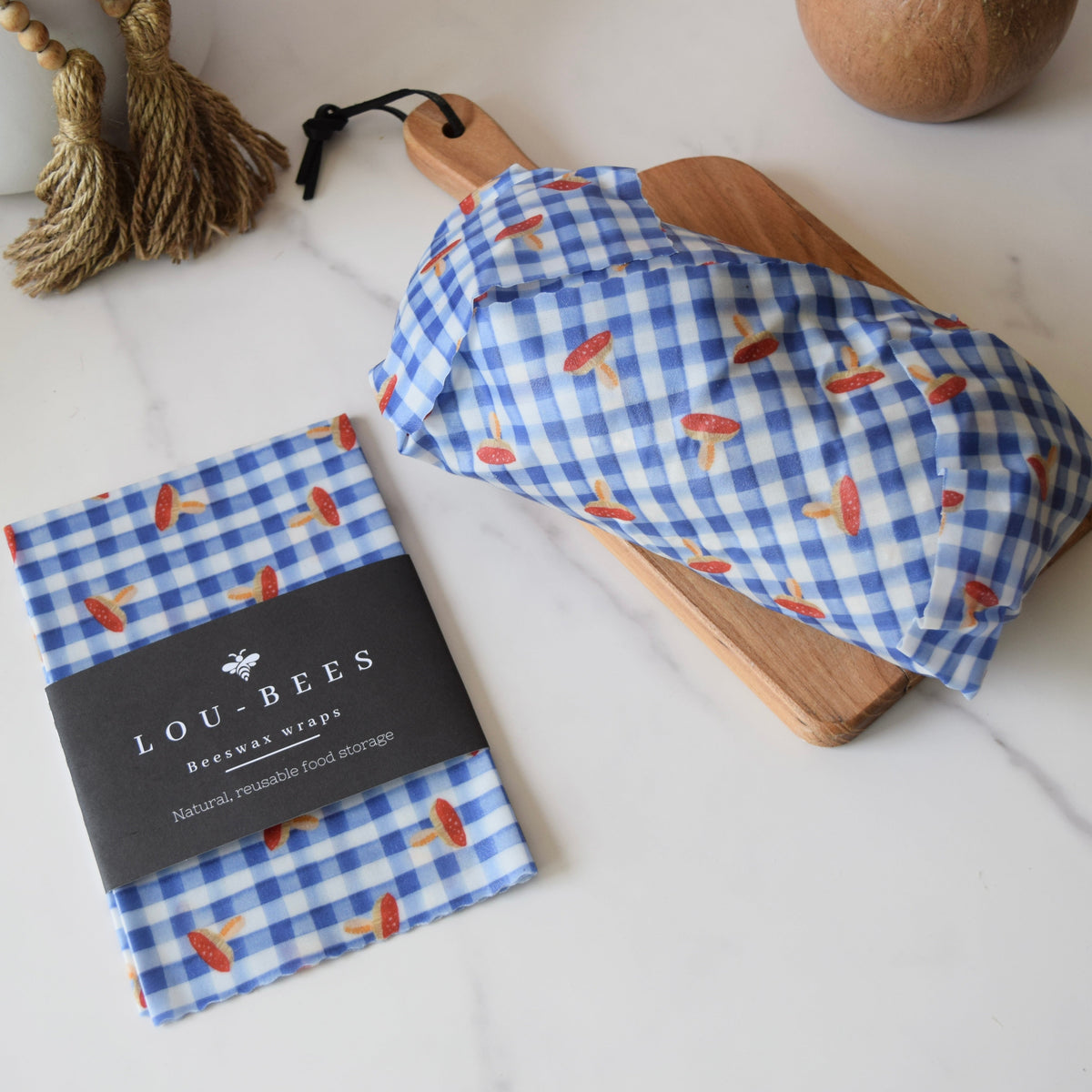 Lou-bees Toadstools on Gingham Large Beeswax Wrap
