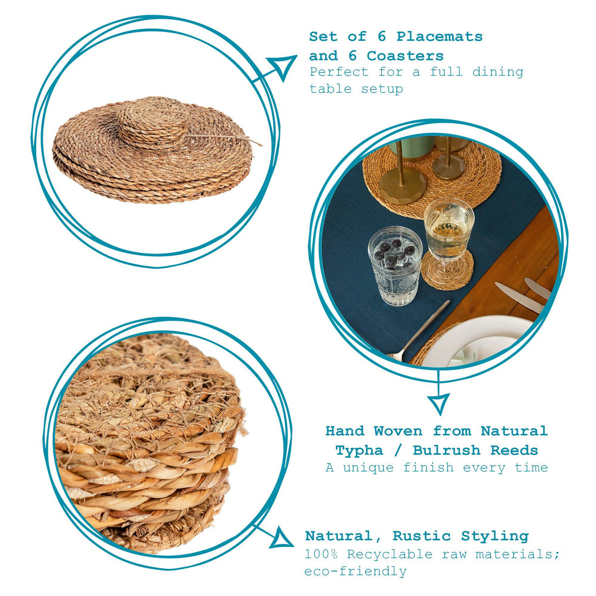 Rinkit Woven Typha Placemats & Coasters Set - 12pc